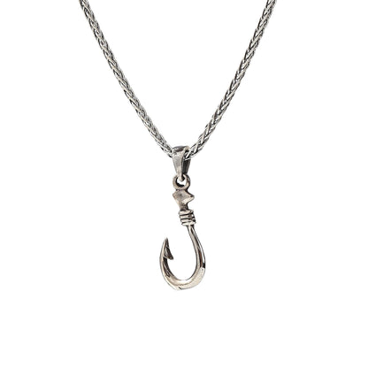 Fisherman’s Hook Pendant Necklace, Unisex Silver Fish Hookon Thick Stainless Steel Wheat Chain, Minimalist Boho Jewelry, Gift for Him or Her