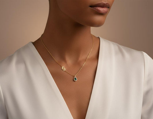 Zircon Drop Side Letter Necklace, Personalized Initial Pendant, 14K Gold Plated 925 Silver, Minimalist Dainty Christmas Personalized Gift