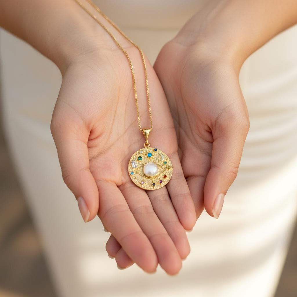 Unisex Moon and Stars Cosmic Necklace, Gold Plated Sterling Silver, Minimalist Charm Pendant, Gift for Him or Her, Anniversary Daily Jewelry