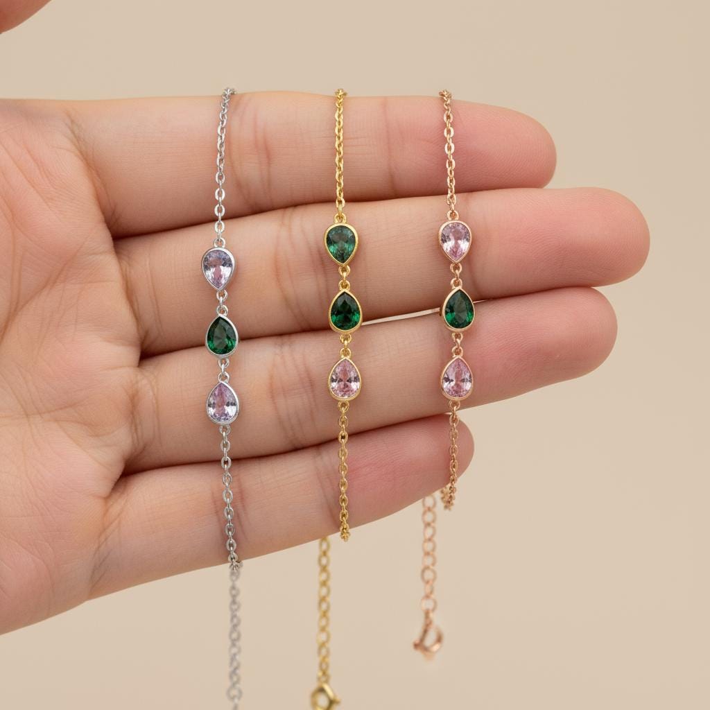 Teardrop Birthstone Anklet, Personalized Minimalist Drop Charm, Dainty 925 Silver Gold Plated, Custom Gift for Her, Christmas Gift