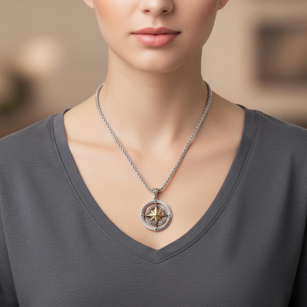 Double Sided Compass Necklace, 925 Sterling Silver Spiga Chain, Unisex Travel Jewelry, Personalized Gift for Him Her, Christmas Gift