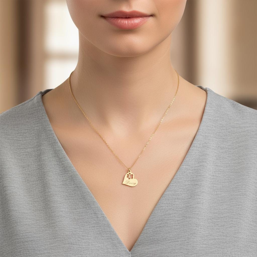 Paw Side Heart Necklace, Dainty 925 Silver Gold Plated, Minimalist Pet Lover Gift, Custom Length Jewelry, Dog Mom Christmas Gift for Her
