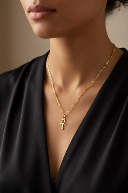 Minimalist Egyptian Ankh Cross Necklace, 925 Silver Gold Plated, Symbol of Life Jewelry, Custom Length Cultural Gift for Her, Christmas Gift
