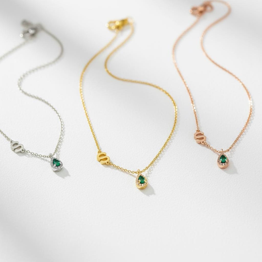 Zircon Drop Side Letter Necklace, Personalized Initial Pendant, 14K Gold Plated 925 Silver, Minimalist Dainty Christmas Personalized Gift