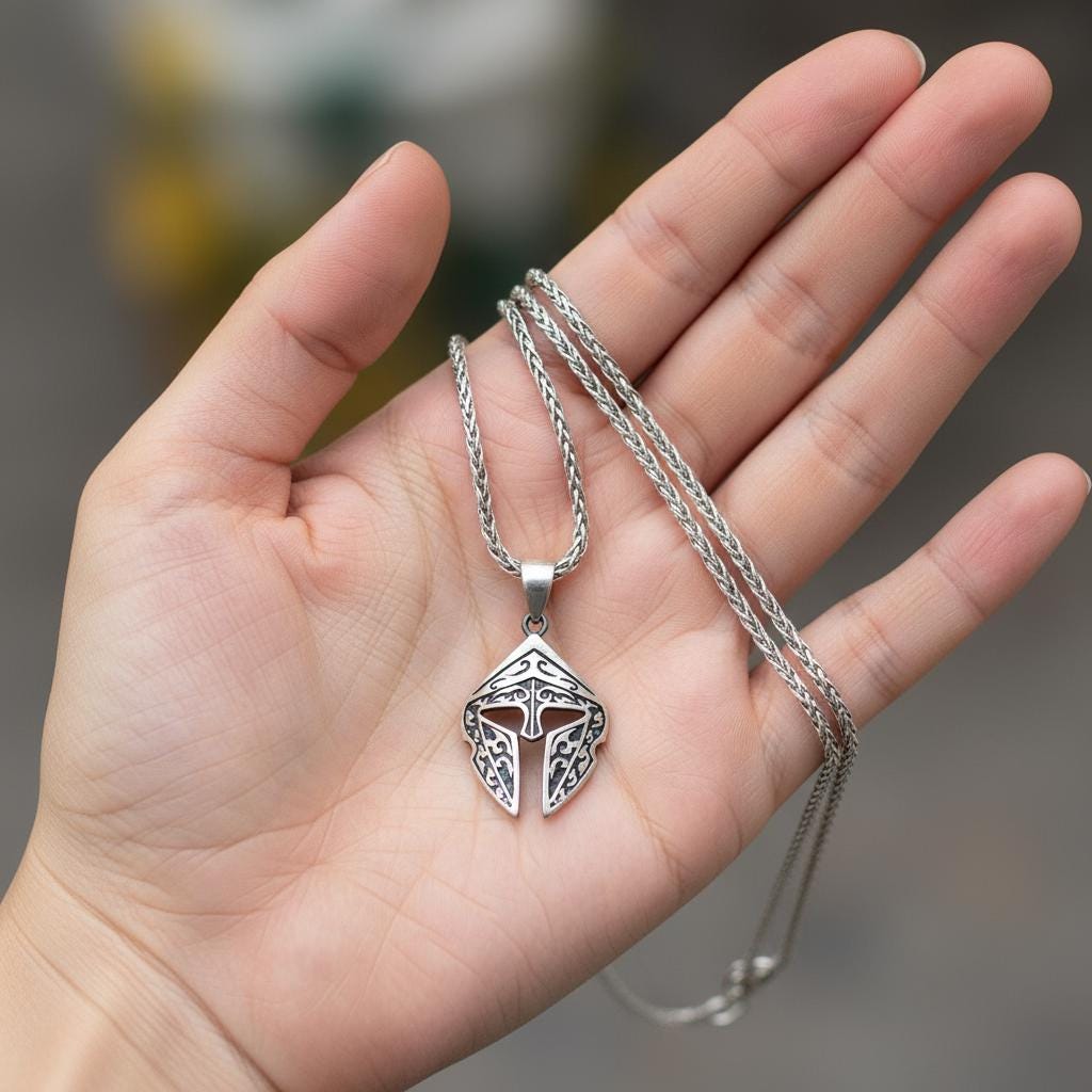 Gladiator Helmet Amulet Necklace, Spartan Gladiator Pendant, Protection Amulet, Handmade Silver Jewelry for Men, Greek Mythology, Men Gift