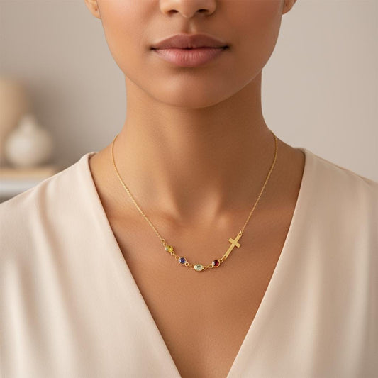 Row Birthstone Cross Necklace, Personalized Family Charm, Multiple Children 925 Silver Gold Plated, Minimalist Mom Gift, Christmas Gift