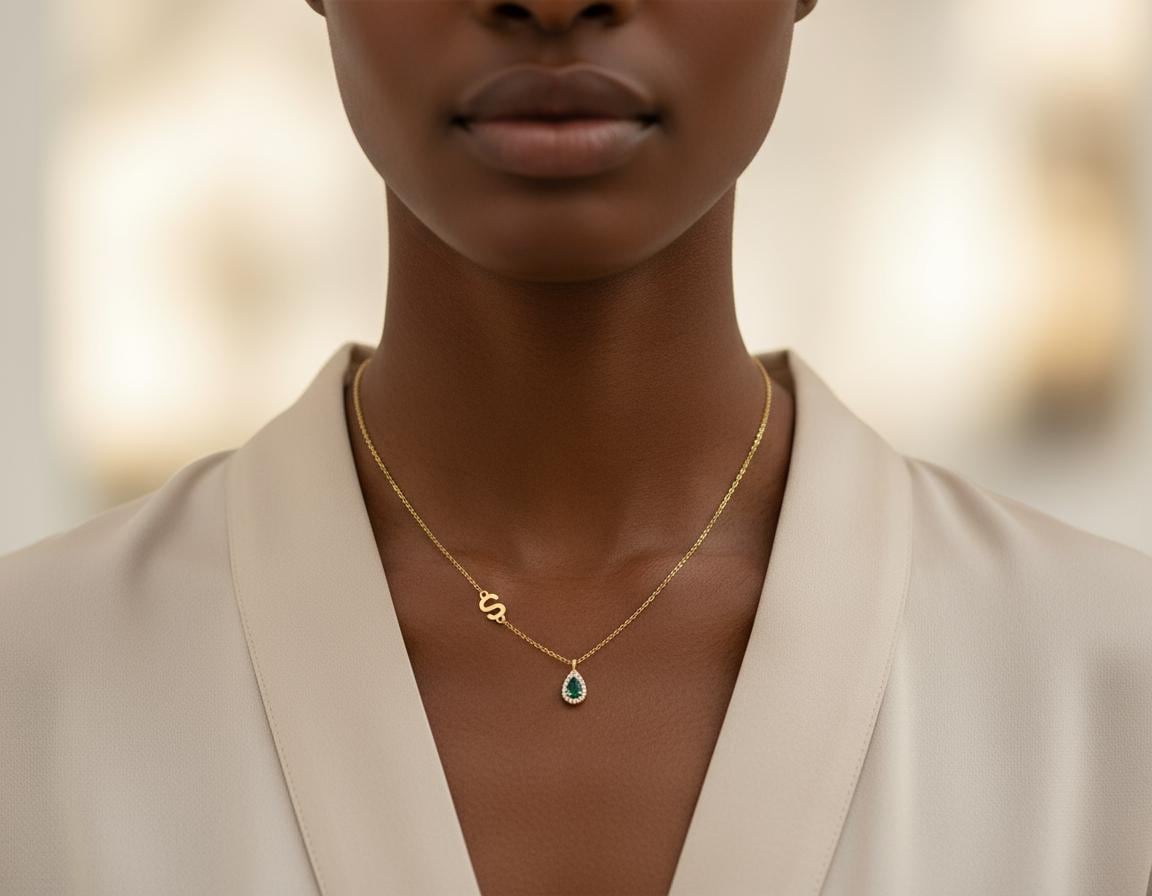 Zircon Drop Side Letter Necklace, Personalized Initial Pendant, 14K Gold Plated 925 Silver, Minimalist Dainty Christmas Personalized Gift