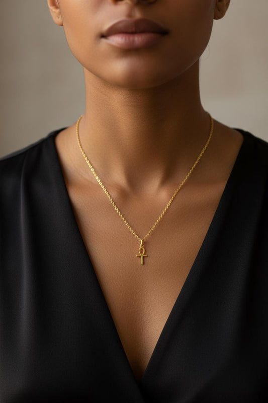 Minimalist Egyptian Ankh Cross Necklace, 925 Silver Gold Plated, Symbol of Life Jewelry, Custom Length Cultural Gift for Her, Christmas Gift