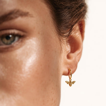 Minimalist Honeybee Huggie Hoop Earrings, 14K Gold Plated 925 Silver Dangle Charm, Personalized Christmas Gift, Nature Lover Jewelry