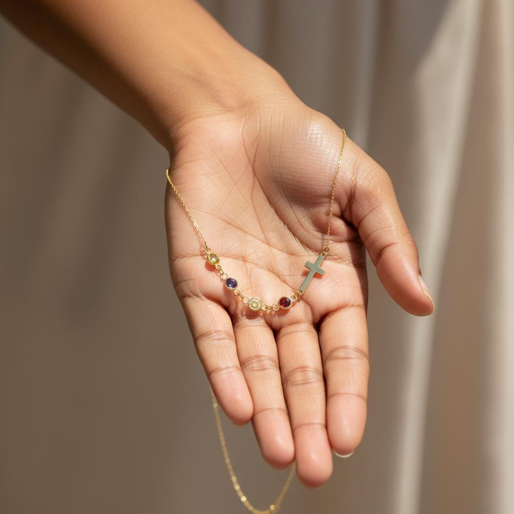 Row Birthstone Cross Necklace, Personalized Family Charm, Multiple Children 925 Silver Gold Plated, Minimalist Mom Gift, Christmas Gift