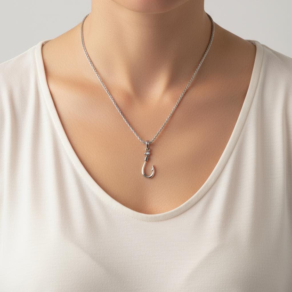 Fisherman’s Hook Pendant Necklace, Unisex Silver Fish Hookon Thick Stainless Steel Wheat Chain, Minimalist Boho Jewelry, Gift for Him or Her