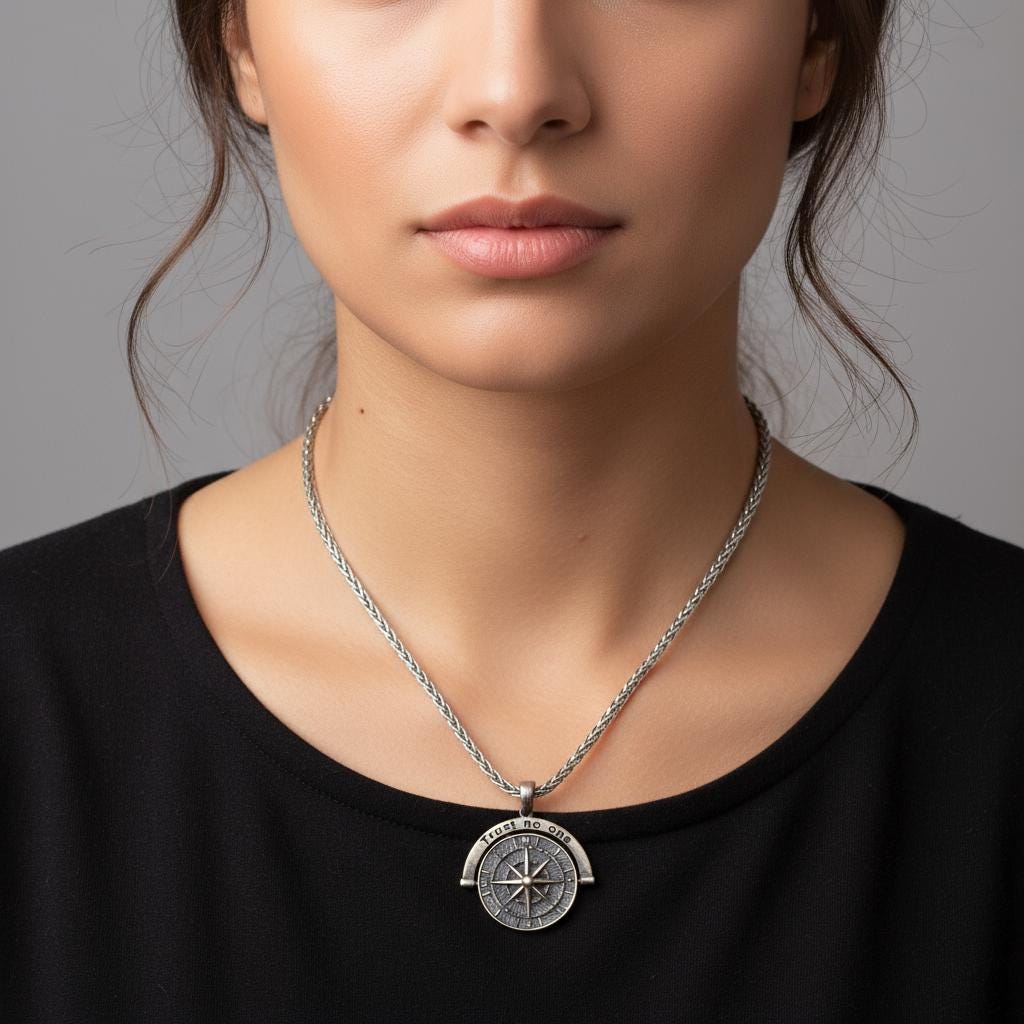 Compass Pendant Necklace, Trust No One Necklace, Unisex Sterling Silver  Chain, Minimalist Boho Jewelry, Gift for Him or Her, Everyday Charm