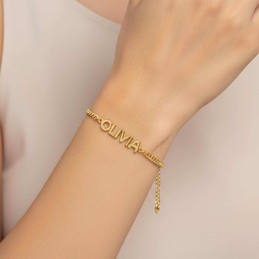 Bubble Name Bracelet, Personalized Dainty Custom Name Jewelry, Adjustable 14k Gold Plated Silver Gift for Her, Modern Minimalist Style