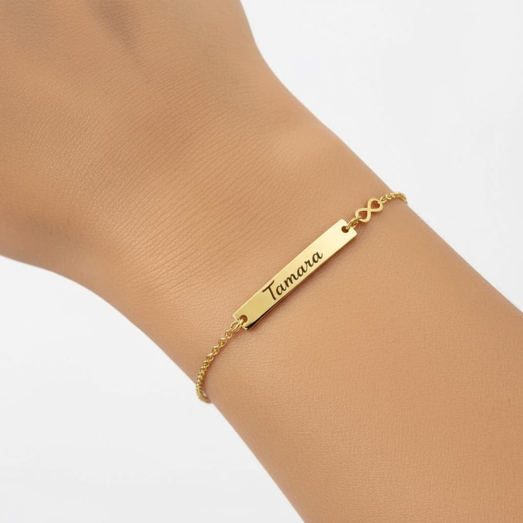 Infinity Love Bar Bracelet, Minimalist Gold Charm Jewelry, Dainty Infinity Symbol, Personalized Gift for Her, Sterling Silver & Gold Plated