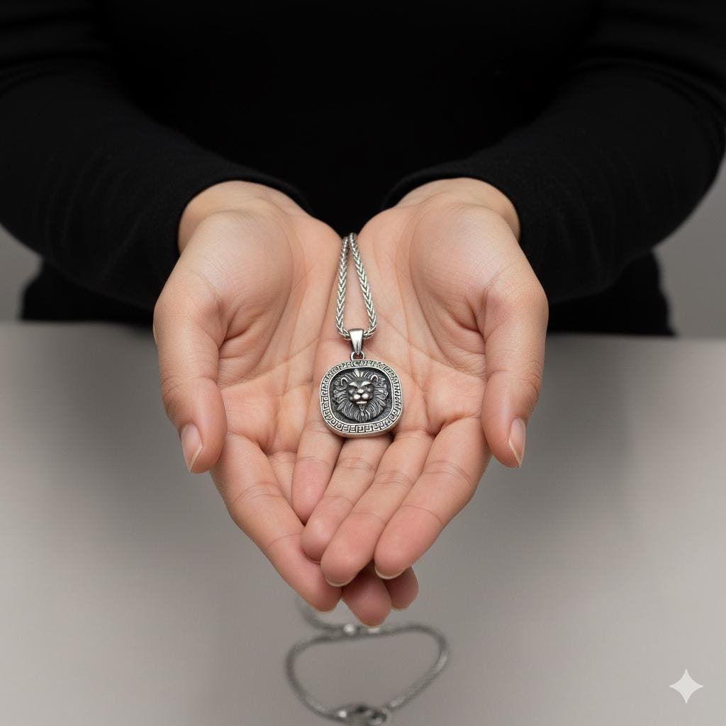 Lion Head Medallion Necklace, 925 Sterling Silver Pendant with Spiga 60 Chain, Unisex Jewelry Gift for Men Women, Courage Strength Symbol