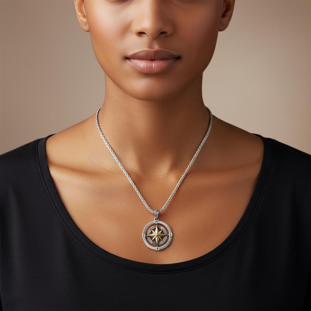 Double Sided Compass Necklace, 925 Sterling Silver Spiga Chain, Unisex Travel Jewelry, Personalized Gift for Him Her, Christmas Gift