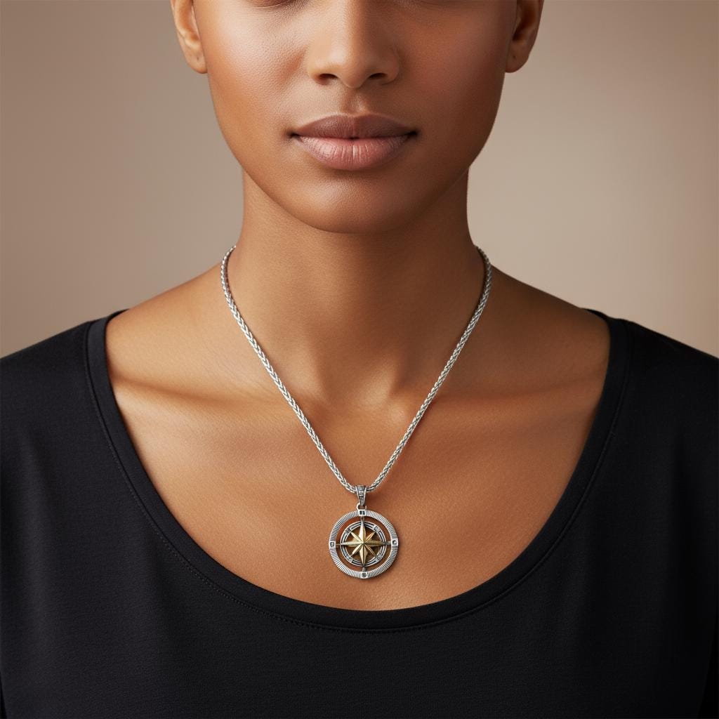 Double Sided Unisex Sterling Silver Compass Necklace, Compass Journey, Women Silver Compass Charm, Dainty Journey Compass Pendant Necklace