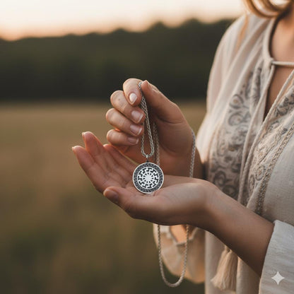 Ancient Sun Circle Amulet Necklace, Silver Sun Pendant for Men & Women, Boho Spiritual Jewelry, Celestial Amulet Gift, Mystic Sun Charm