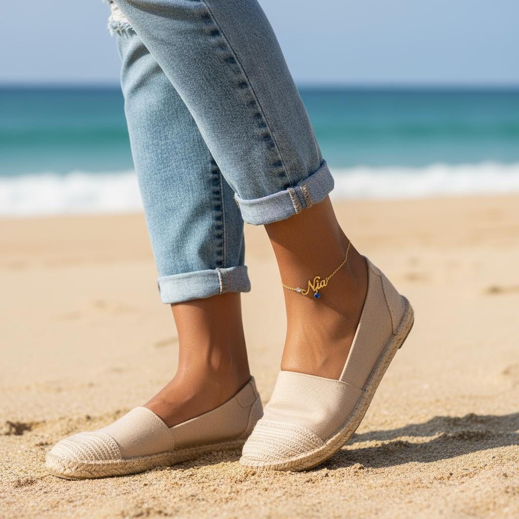 Personalized Name Anklet with Birthstone, Custom Name Foot Jewelry, Dainty Silver & Gold Ankle Bracelet, Adjustable Minimalist Gift for Her