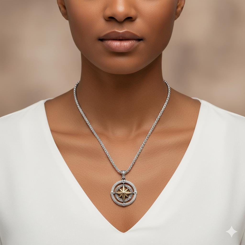 Unisex Sterling Silver Double-Sided Compass Pendant Necklace - Dainty Travel Charm Jewelry Gift