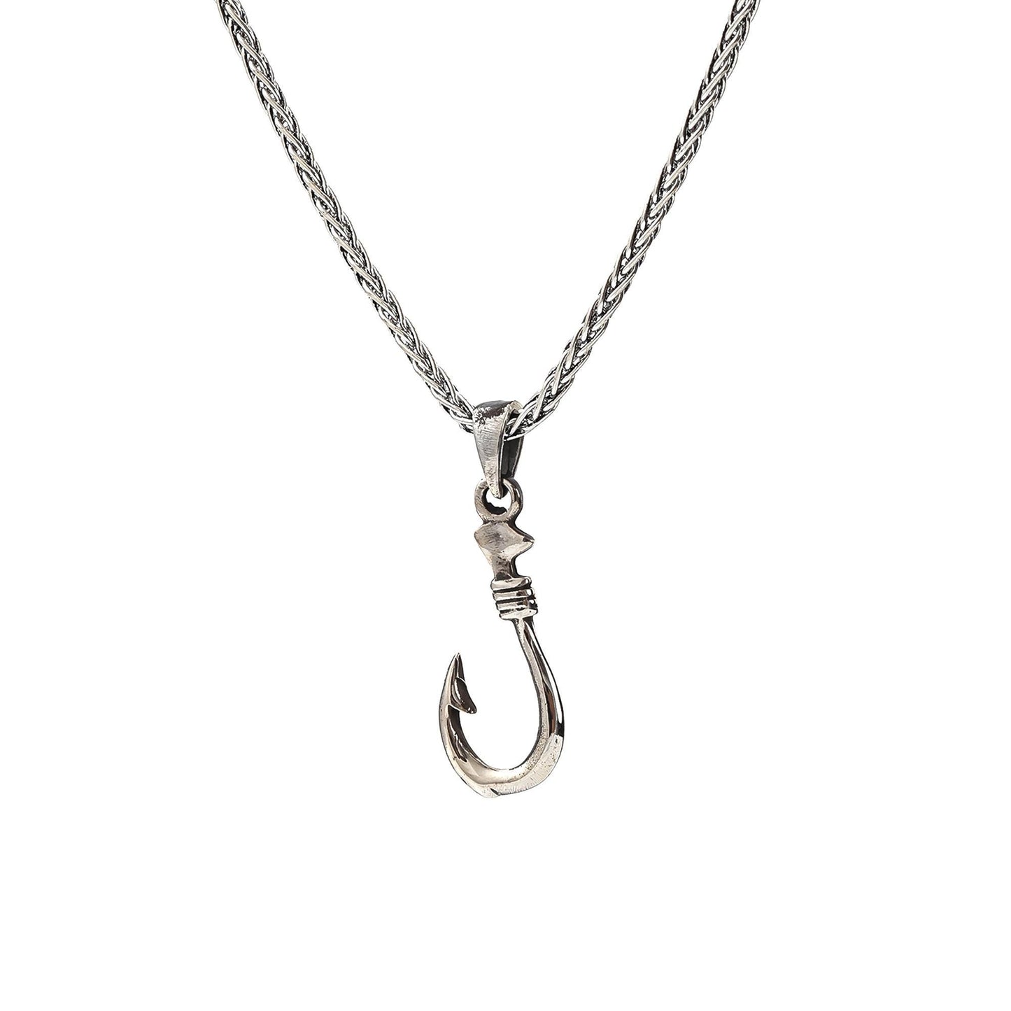 Fisherman’s Hook Pendant Necklace, 925 Silver Unisex Wheat Chain, Minimalist Nautical Boho Jewelry, Personalized Gift, Christmas Gift