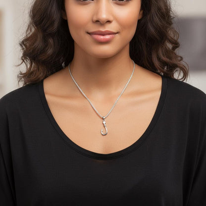 Fisherman’s Hook Pendant Necklace, Unisex Silver Fish Hookon Thick Stainless Steel Wheat Chain, Minimalist Boho Jewelry, Gift for Him or Her