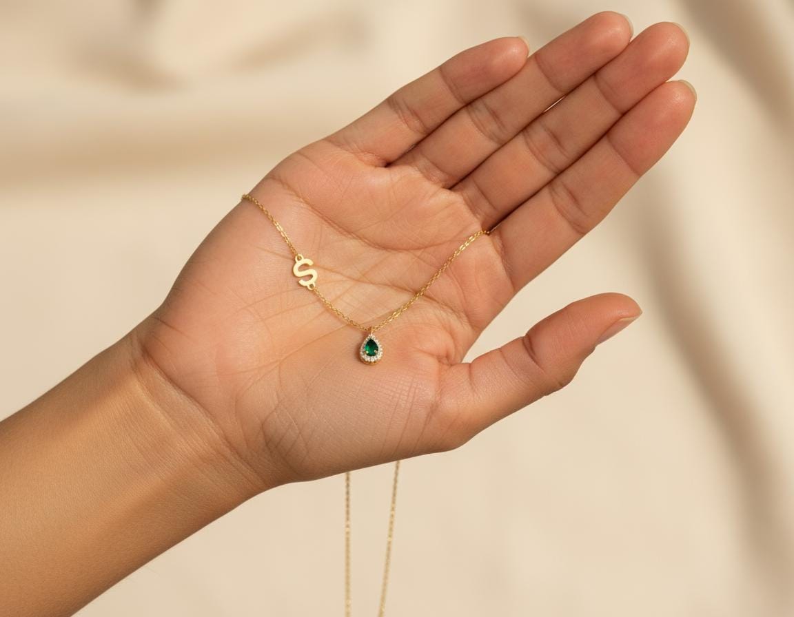 Zircon Drop Side Letter Necklace, 925 Sterling Silver, Personalized Initial Pendant, 14K Gold Plated, Dainty Jewelry Gift for Her