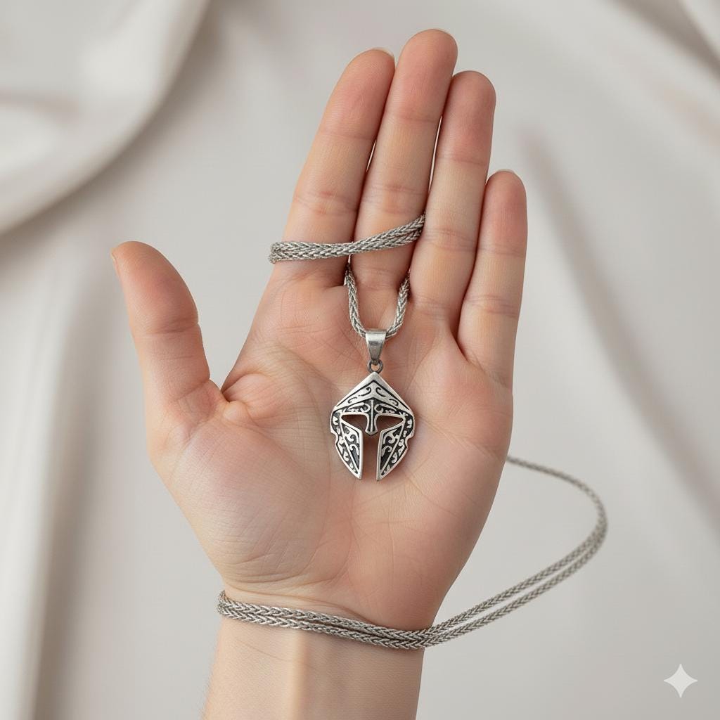 Gladiator Helmet Amulet Necklace, Spartan Gladiator Pendant, Protection Amulet, Handmade Silver Jewelry for Men, Greek Mythology, Men Gift
