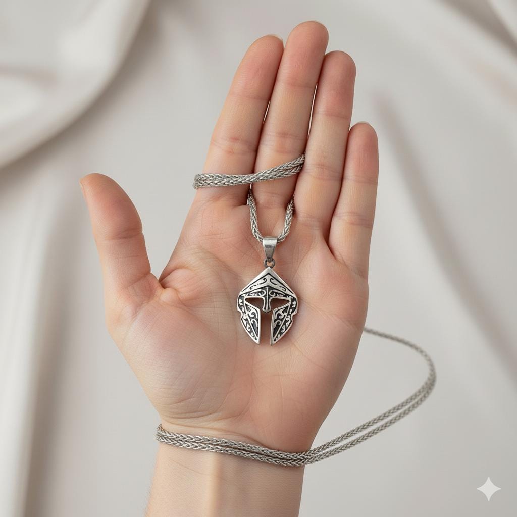 Spartan Gladiator Helmet Amulet, Unisex 925 Sterling Silver Gold Plated, Norse Mythology Protection Necklace, Personalized Christmas Gift