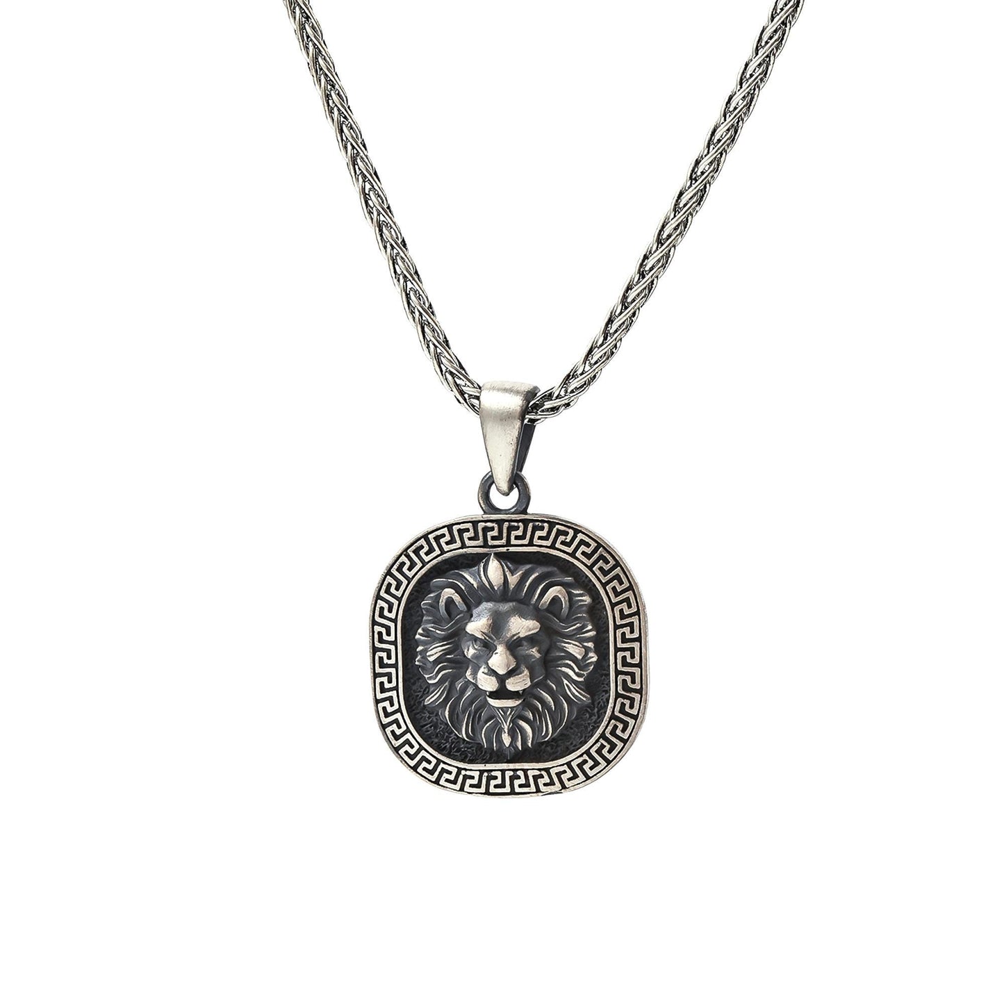 Lion Head Medallion Necklace, 925 Sterling Silver Pendant with Spiga 60 Chain, Unisex Jewelry Gift for Men Women, Courage Strength Symbol