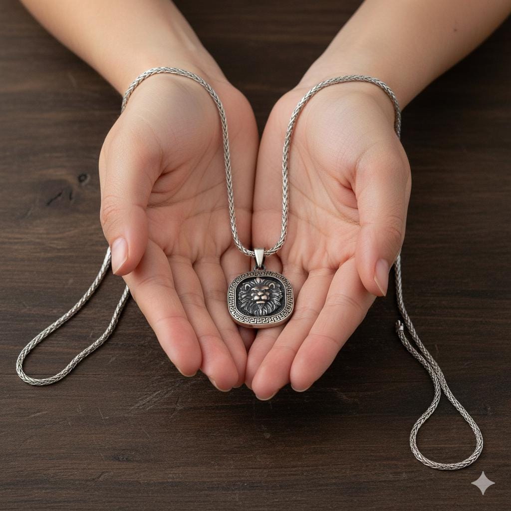 Lion Head Medallion Necklace, 925 Sterling Silver Pendant with Spiga 60 Chain, Unisex Jewelry Gift for Men Women, Courage Strength Symbol