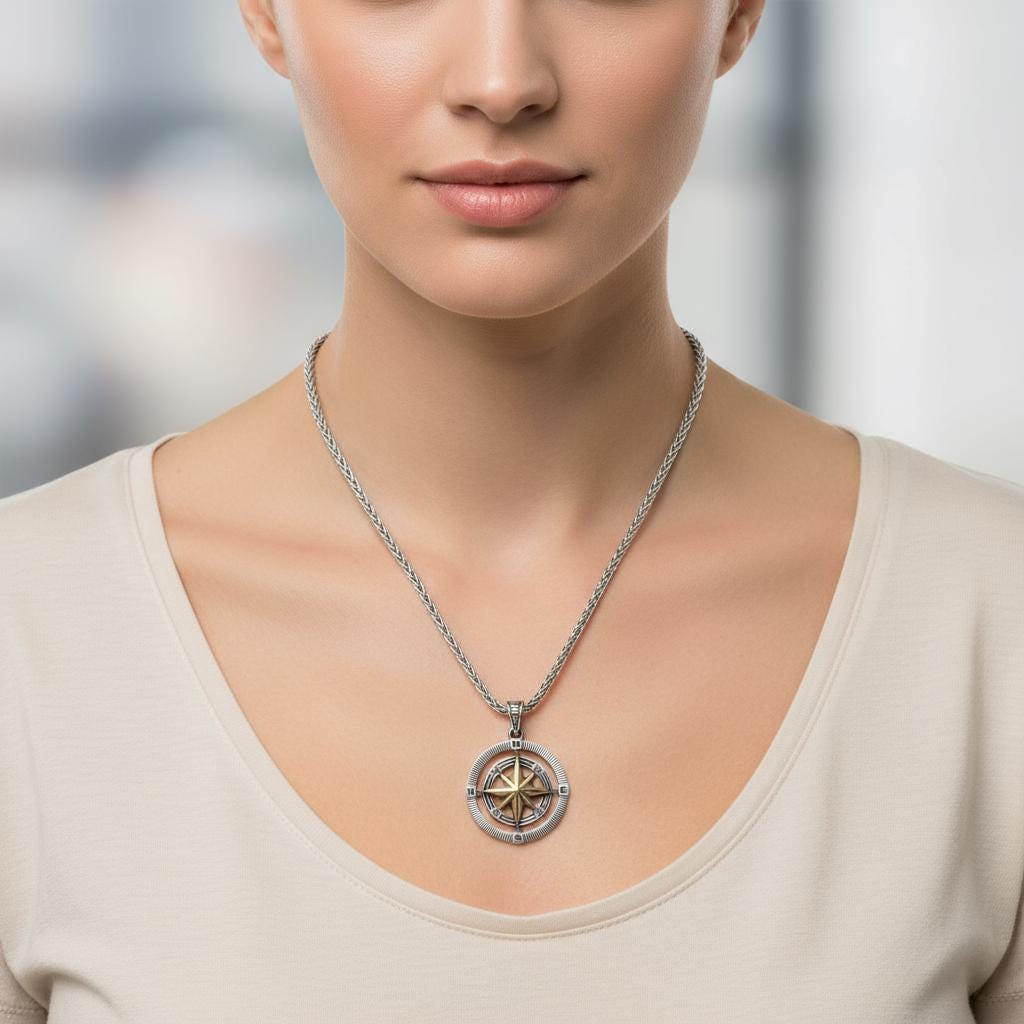 Double Sided Unisex Sterling Silver Compass Necklace, Compass Journey, Women Silver Compass Charm, Dainty Journey Compass Pendant Necklace