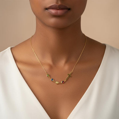 Row Birthstone Cross Necklace, Personalized Gift for Mom, Multiple Children Charm, 925 Silver Gold Plated Family Jewelry, Minimalist Cross