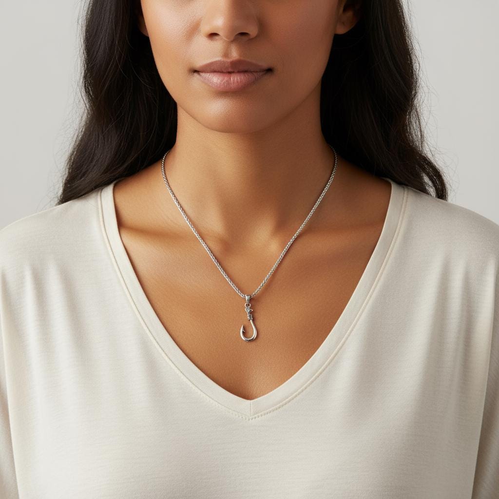 Fisherman’s Hook Pendant Necklace, 925 Silver Unisex Wheat Chain, Minimalist Nautical Boho Jewelry, Personalized Gift, Christmas Gift
