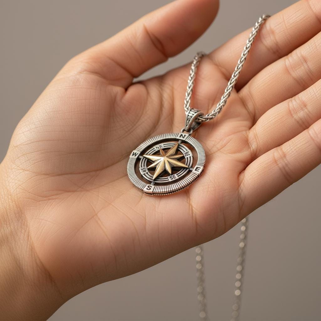 Unisex Sterling Silver Double-Sided Compass Pendant Necklace - Dainty Travel Charm Jewelry Gift