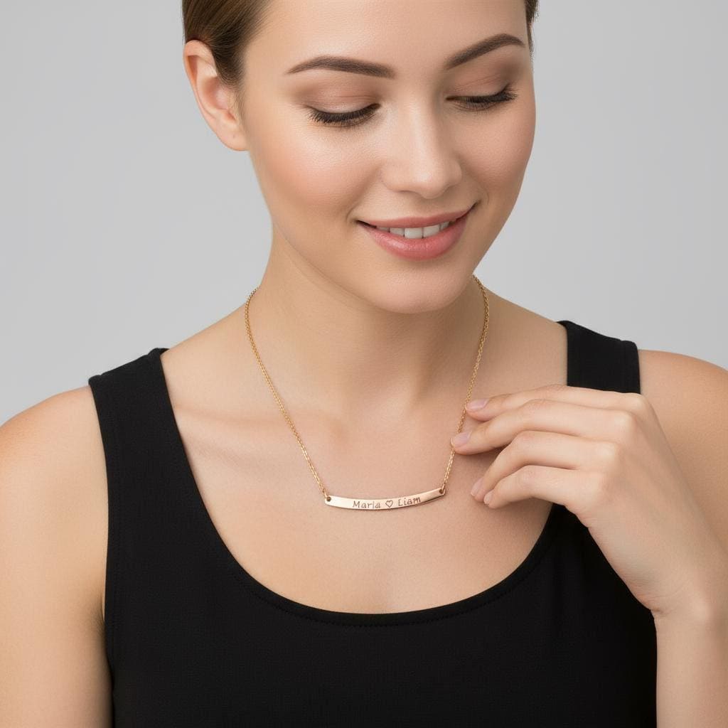 Personalized Engraved 14k Gold Plated Bar Necklace - Custom Name Gift for Mom, Kids, Birthday