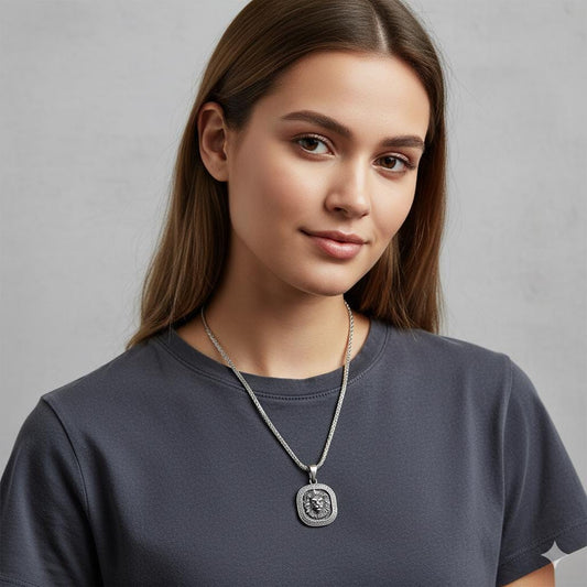 Lion Head Medallion Necklace, 925 Silver Spiga Chain, Courage Strength Unisex Jewelry Gift for Men Women, Personalized Christmas Gift