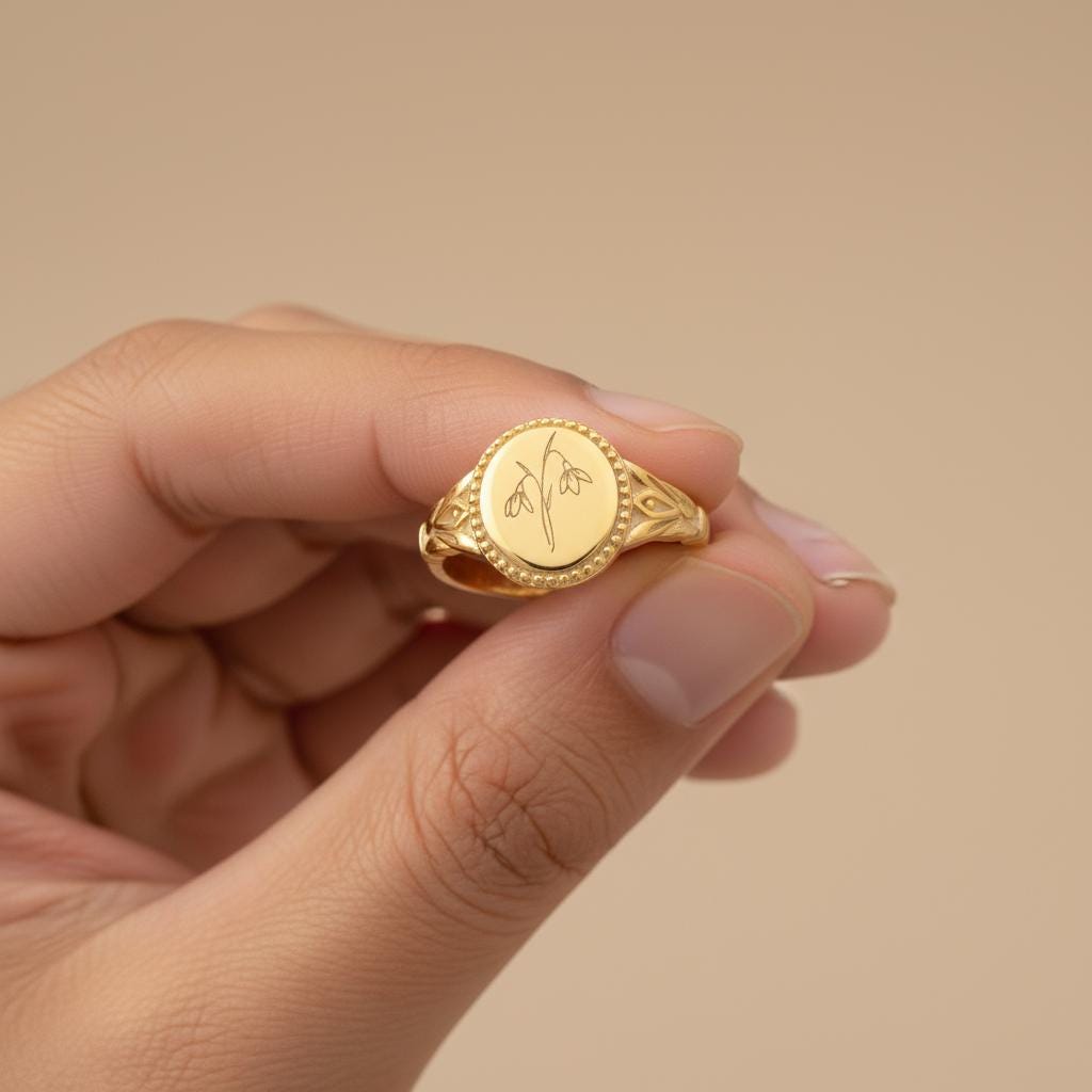 Custom Birth Flower Signet Ring, Adjustable 925 Silver Engraved Floral Jewelry, Personalized Minimalist Gift for Her, Christmas Gift