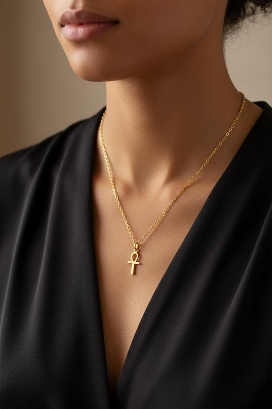 Minimalist Egyptian Ankh Cross Necklace, 925 Silver Gold Plated, Symbol of Life Jewelry, Custom Length Cultural Gift for Her, Christmas Gift