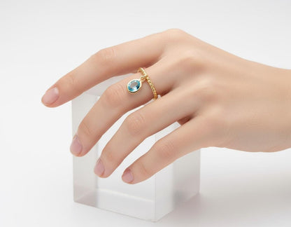 Dainty Twisted Adjustable Ring, Minimalist Gemstone Drop, 925 Silver Gold Plated, Custom Fit Stackable Jewelry, Christmas Gift for Her