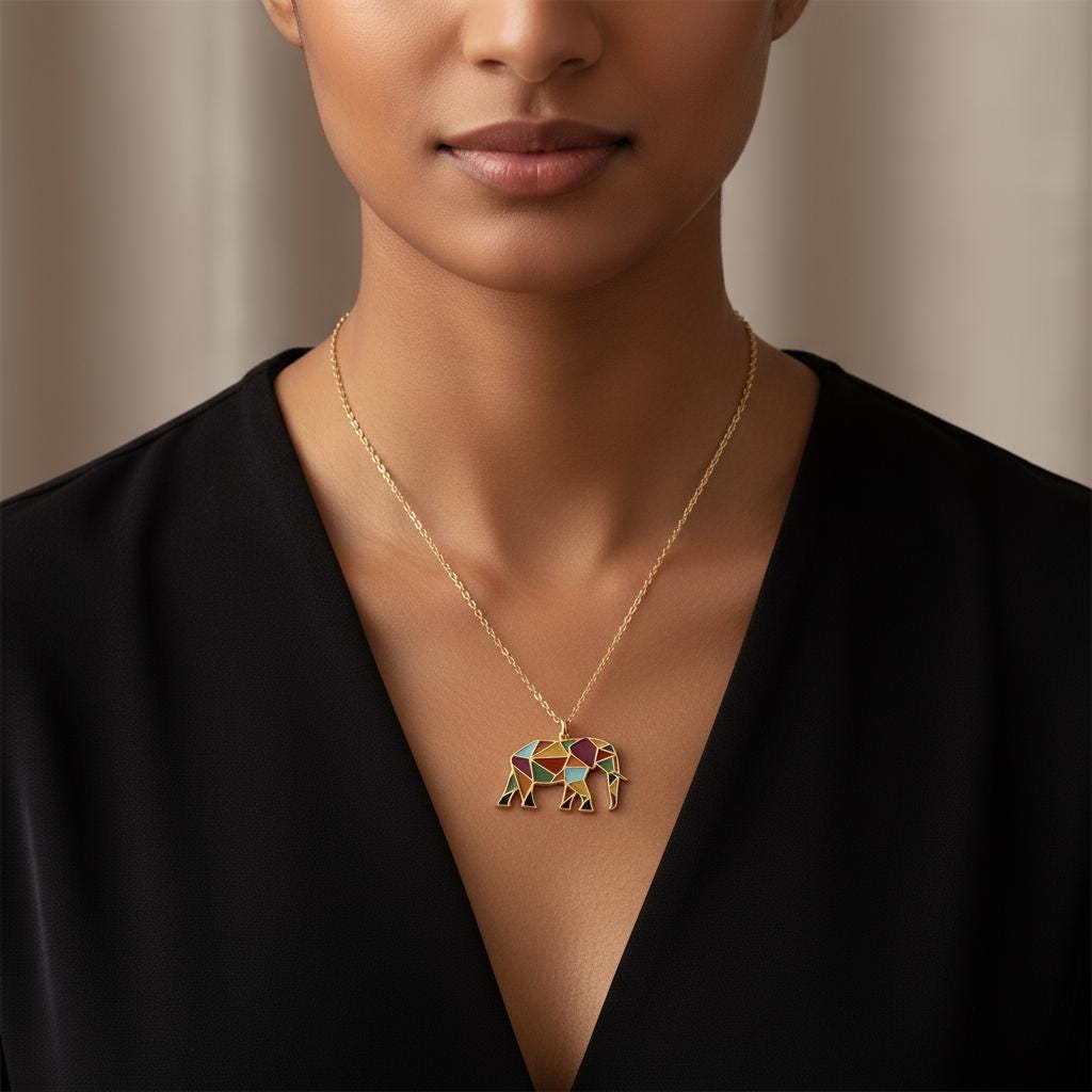 Elephant Pendant Necklace, Good Luck Jewelry Enamel Gift for Her, 14k Gold Plated Dainty Charm, Minimalist Animal Necklace