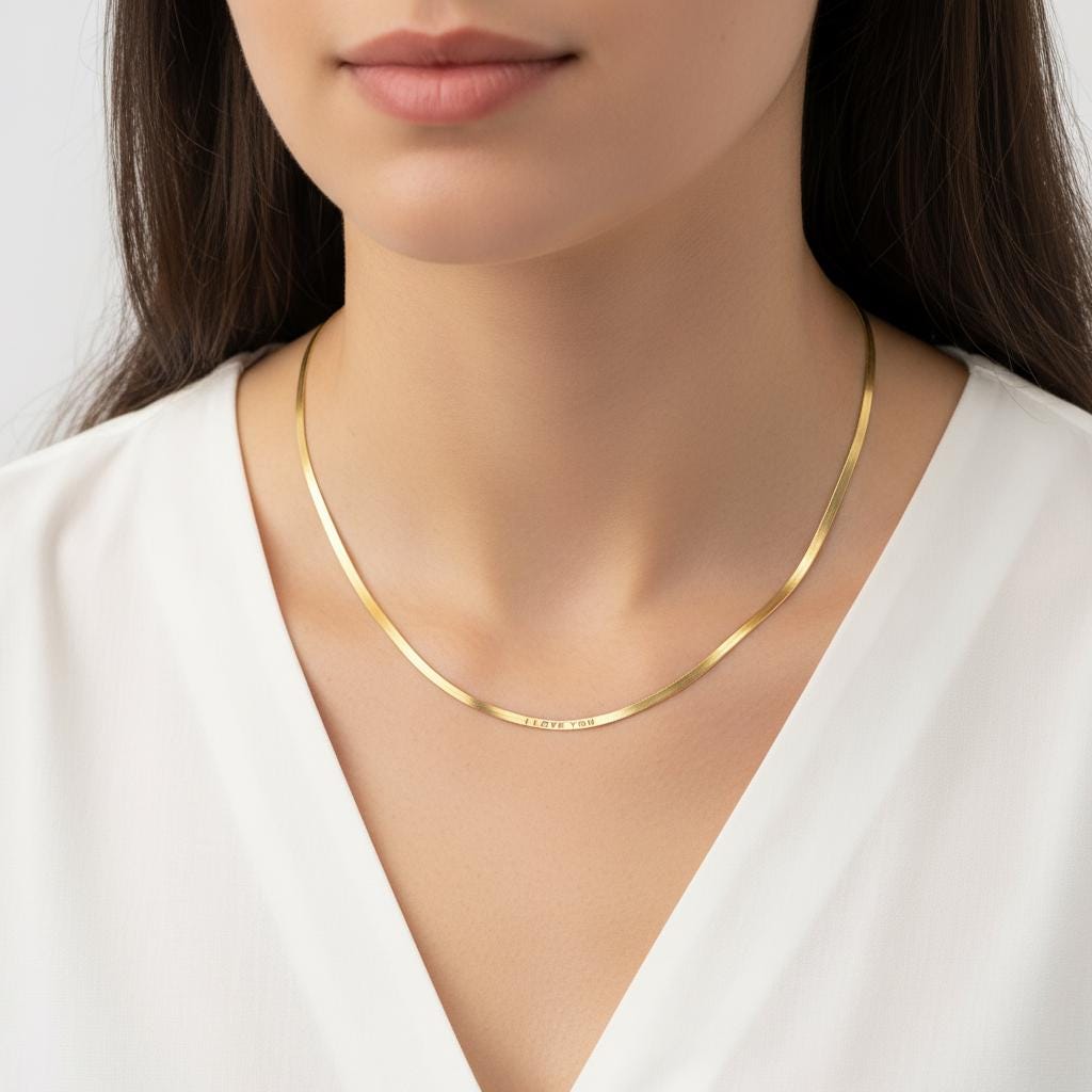 Personalized Herringbone Chain Necklace, Custom Message Dainty 925 Silver Gold Plated, Minimalist Flat Snake Chain, Anniversary Gift for Her
