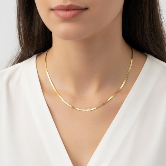 Personalized Herringbone Chain Necklace, Custom Message Dainty 925 Silver Gold Plated, Minimalist Flat Snake Chain, Anniversary Gift for Her