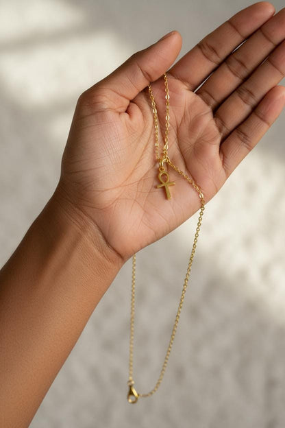 Minimalist Egyptian Ankh Cross Necklace, 925 Sterling Silver Gold Plated Charm, Symbol of Life Jewelry, Custom Length Cultural Gift