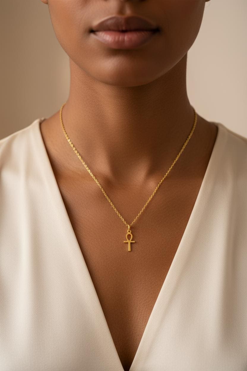 Minimalist Egyptian Ankh Cross Necklace, 925 Sterling Silver Gold Plated Charm, Symbol of Life Jewelry, Custom Length Cultural Gift
