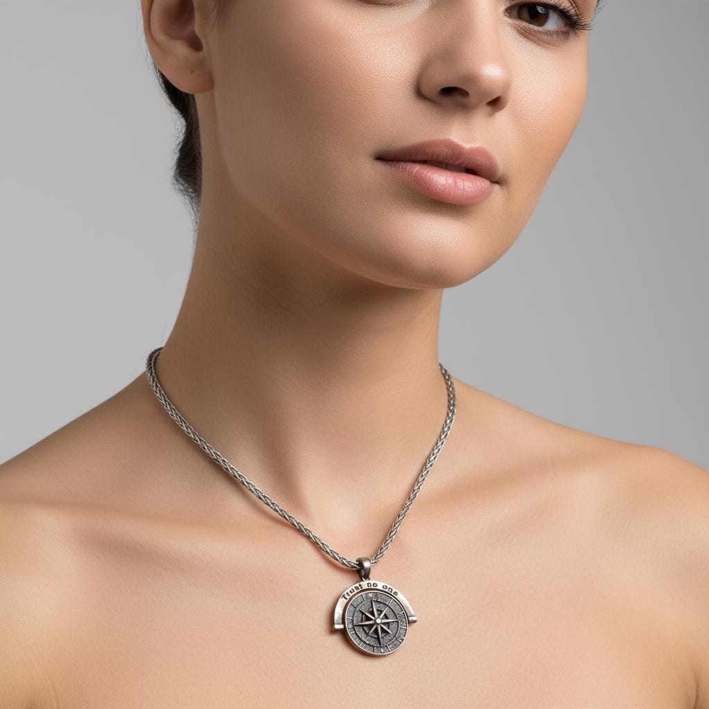Minimalist Compass Necklace, Trust No One Pendant, 925 Sterling Silver Unisex Boho Jewelry, Personalized Gift for Him Her, Christmas Gift