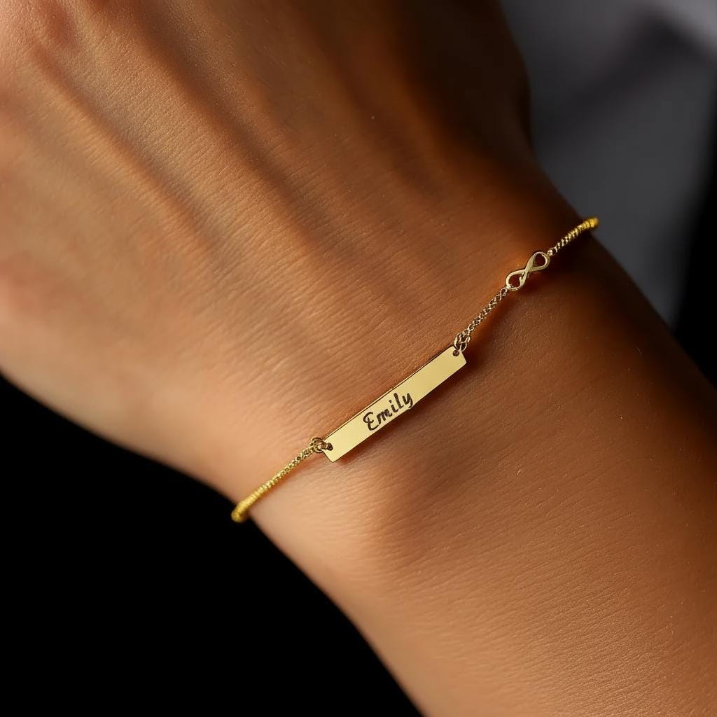 Personalized Infinity Love Bar Bracelet, 925 Silver Dainty Christmas Gift for Her, Custom Name Minimalist 14K Gold Plated Jewelry