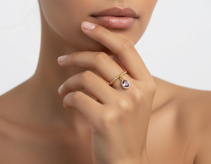 Twisted Gemstone Open Ring, Minimalist Adjustable Band, Dainty Charm Jewelry, Anniversary Gift for Her, 925 Sterling Silver 14k Gold Plated