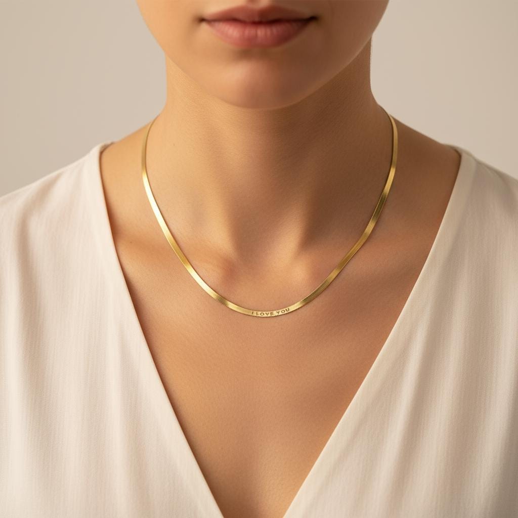 Herringbone Chain Necklace, Custom Message Dainty 925 Silver Gold Plated, Personalized Minimalist Flat Snake Chain, Anniversary Gift for Her